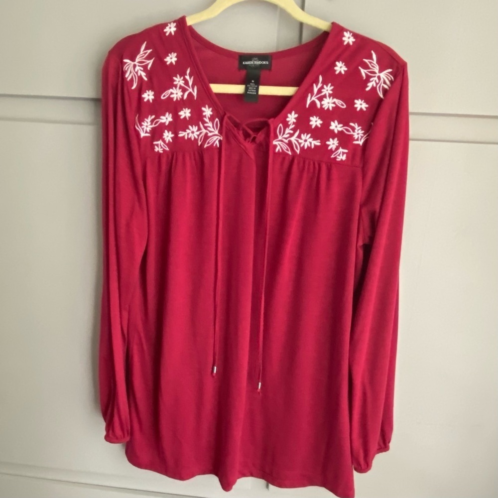Karen Brooks Women's Long Sleeve Blouse  With Embroidered Flowers Size 1X